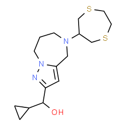 ChemSpider 2D Image | Cyclopropyl[5-(1,4-dithiepan-6-yl)-5,6,7,8-tetrahydro-4H-pyrazolo[1,5-a][1,4]diazepin-2-yl]methanol | C16H25N3OS2