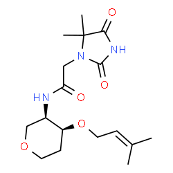 ChemSpider 2D Image | 1,5-Anhydro-2,4-dideoxy-4-{[(5,5-dimethyl-2,4-dioxo-1-imidazolidinyl)acetyl]amino}-3-O-(3-methyl-2-buten-1-yl)-D-erythro-pentitol | C17H27N3O5