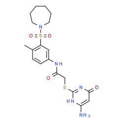 ChemSpider 2D Image | 2-[(6-Amino-4-oxo-1,4-dihydro-2-pyrimidinyl)sulfanyl]-N-[3-(1-azepanylsulfonyl)-4-methylphenyl]acetamide | C19H25N5O4S2