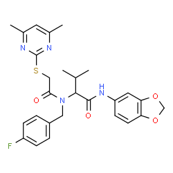 ChemSpider 2D Image | N-1,3-Benzodioxol-5-yl-N~2~-{[(4,6-dimethyl-2-pyrimidinyl)sulfanyl]acetyl}-N~2~-(4-fluorobenzyl)valinamide | C27H29FN4O4S
