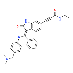 ChemSpider 2D Image | 3-(3-(((4-((Dimethylamino)methyl)phenyl)amino)(phenyl)methylene)-2-oxoindolin-6-yl)-N-ethylpropiolamide | C29H28N4O2