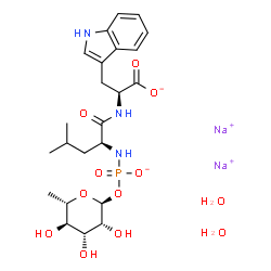 ChemSpider 2D Image | Sodium (2S)-3-(1H-indol-3-yl)-2-({(2S)-4-methyl-2-[({[(2S,3R,4R,5R,6S)-3,4,5-trihydroxy-6-methyltetrahydro-2H-pyran-2-yl]oxy}phosphinato)amino]pentanoyl}amino)propanoate hydrate (2:1:2) (non-preferred
 name) | C23H36N3Na2O12P