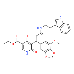 ChemSpider 2D Image | Ethyl 4-hydroxy-5-[3-{[2-(1H-indol-3-yl)ethyl]amino}-1-(7-methoxy-1,3-benzodioxol-5-yl)-3-oxopropyl]-6-oxo-1,6-dihydro-3-pyridinecarboxylate | C29H29N3O8