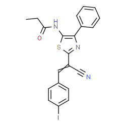 ChemSpider 2D Image | N-{2-[1-Cyano-2-(4-iodophenyl)vinyl]-4-phenyl-1,3-thiazol-5-yl}propanamide | C21H16IN3OS