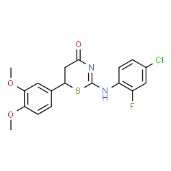 ChemSpider 2D Image | 2-[(4-Chloro-2-fluorophenyl)amino]-6-(3,4-dimethoxyphenyl)-5,6-dihydro-4H-1,3-thiazin-4-one | C18H16ClFN2O3S