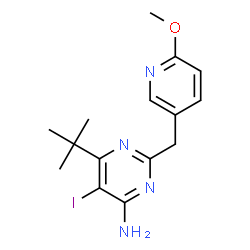ChemSpider 2D Image | 5-Iodo-2-[(6-methoxy-3-pyridinyl)methyl]-6-(2-methyl-2-propanyl)-4-pyrimidinamine | C15H19IN4O