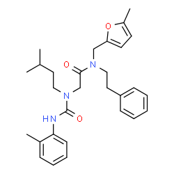 ChemSpider 2D Image | N~2~-(3-Methylbutyl)-N-[(5-methyl-2-furyl)methyl]-N~2~-[(2-methylphenyl)carbamoyl]-N-(2-phenylethyl)glycinamide | C29H37N3O3