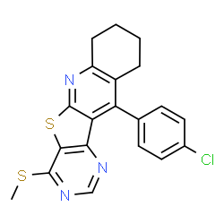 ChemSpider 2D Image | 11-(4-Chlorophenyl)-4-(methylsulfanyl)-7,8,9,10-tetrahydropyrimido[4',5':4,5]thieno[2,3-b]quinoline | C20H16ClN3S2