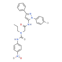 ChemSpider 2D Image | N-[1-(4-Chlorophenyl)-3-phenyl-1H-pyrazol-5-yl]-N~2~-[(4-nitrophenyl)carbamoyl]-N~2~-propylglycinamide | C27H25ClN6O4