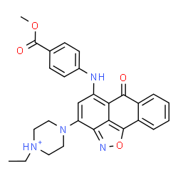 ChemSpider 2D Image | 1-Ethyl-4-(5-{[4-(methoxycarbonyl)phenyl]amino}-6-oxo-6H-anthra[1,9-cd][1,2]oxazol-3-yl)piperazin-1-ium | C28H27N4O4