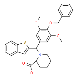 ChemSpider 2D Image | 1-{1-Benzothiophen-2-yl[4-(benzyloxy)-3,5-dimethoxyphenyl]methyl}-2-piperidinecarboxylic acid | C30H31NO5S