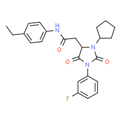 ChemSpider 2D Image | 2-[3-Cyclopentyl-1-(3-fluorophenyl)-2,5-dioxo-4-imidazolidinyl]-N-(4-ethylphenyl)acetamide | C24H26FN3O3