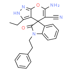 ChemSpider 2D Image | 6'-Amino-3'-ethyl-2-oxo-1-(2-phenylethyl)-1,2-dihydro-2'H-spiro[indole-3,4'-pyrano[2,3-c]pyrazole]-5'-carbonitrile | C24H21N5O2