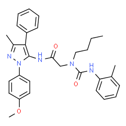 ChemSpider 2D Image | N~2~-Butyl-N-[1-(4-methoxyphenyl)-3-methyl-4-phenyl-1H-pyrazol-5-yl]-N~2~-[(2-methylphenyl)carbamoyl]glycinamide | C31H35N5O3