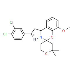 ChemSpider 2D Image | 2'-(3,4-Dichlorophenyl)-7'-methoxy-2,2-dimethyl-1',2,3,5,6,10b'-hexahydrospiro[pyran-4,5'-pyrazolo[1,5-c][1,3]benzoxazine] | C23H24Cl2N2O3