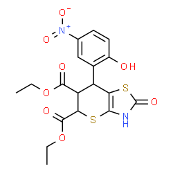 ChemSpider 2D Image | Diethyl 7-(2-hydroxy-5-nitrophenyl)-2-oxo-3,5,6,7-tetrahydro-2H-thiopyrano[2,3-d][1,3]thiazole-5,6-dicarboxylate | C18H18N2O8S2