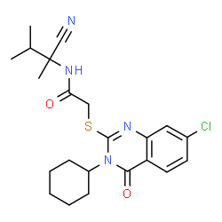 ChemSpider 2D Image | 2-[(7-Chloro-3-cyclohexyl-4-oxo-3,4-dihydro-2-quinazolinyl)sulfanyl]-N-(2-cyano-3-methyl-2-butanyl)acetamide | C22H27ClN4O2S