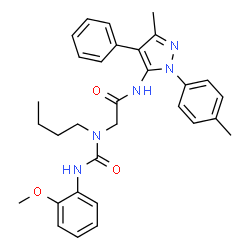 ChemSpider 2D Image | N~2~-Butyl-N~2~-[(2-methoxyphenyl)carbamoyl]-N-[3-methyl-1-(4-methylphenyl)-4-phenyl-1H-pyrazol-5-yl]glycinamide | C31H35N5O3