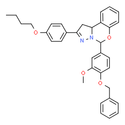 ChemSpider 2D Image | 5-[4-(Benzyloxy)-3-methoxyphenyl]-2-(4-butoxyphenyl)-1,10b-dihydropyrazolo[1,5-c][1,3]benzoxazine | C34H34N2O4