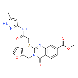ChemSpider 2D Image | Methyl 3-(2-furylmethyl)-2-({2-[(5-methyl-1H-pyrazol-3-yl)amino]-2-oxoethyl}sulfanyl)-4-oxo-3,4-dihydro-7-quinazolinecarboxylate | C21H19N5O5S