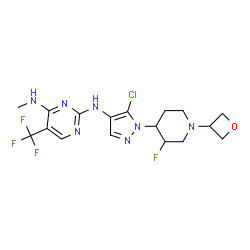 ChemSpider 2D Image | N~2~-{5-Chloro-1-[3-fluoro-1-(3-oxetanyl)-4-piperidinyl]-1H-pyrazol-4-yl}-N~4~-methyl-5-(trifluoromethyl)-2,4-pyrimidinediamine | C17H20ClF4N7O