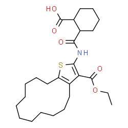 ChemSpider 2D Image | 2-{[3-(Ethoxycarbonyl)-5,6,7,8,9,10,11,12,13,14-decahydro-4H-cyclotrideca[b]thiophen-2-yl]carbamoyl}cyclohexanecarboxylic acid | C26H39NO5S