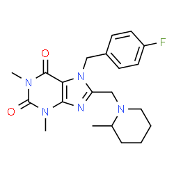 ChemSpider 2D Image | 7-(4-Fluorobenzyl)-1,3-dimethyl-8-[(2-methyl-1-piperidinyl)methyl]-3,7-dihydro-1H-purine-2,6-dione | C21H26FN5O2