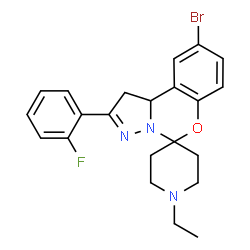 ChemSpider 2D Image | 9'-Bromo-1-ethyl-2'-(2-fluorophenyl)-1',10b'-dihydrospiro[piperidine-4,5'-pyrazolo[1,5-c][1,3]benzoxazine] | C22H23BrFN3O