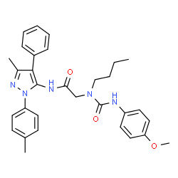 ChemSpider 2D Image | N~2~-Butyl-N~2~-[(4-methoxyphenyl)carbamoyl]-N-[3-methyl-1-(4-methylphenyl)-4-phenyl-1H-pyrazol-5-yl]glycinamide | C31H35N5O3