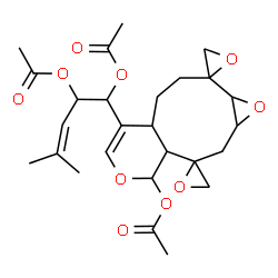 ChemSpider 2D Image | 5-(4'-Acetoxy-1a',3a',7a',8',9',10a'-hexahydro-2'H,4'H-dispiro[oxirane-2,10'-oxireno[6,7]cyclonona[1,2-c]pyran-3',2''-oxiran]-7'-yl)-2-methyl-2-pentene-4,5-diyl diacetate | C26H34O10