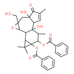 ChemSpider 2D Image | 3a,6b-Dihydroxy-2a-(hydroxymethyl)-1,1,5,7-tetramethyl-4-oxo-1,1a,1b,1c,2a,3,3a,4,6a,6b,7,8-dodecahydro-8aH-cyclopropa[5',6']benzo[1',2':7,8]azuleno[5,6-b]oxirene-8,8a-diyl dibenzoate | C34H36O9