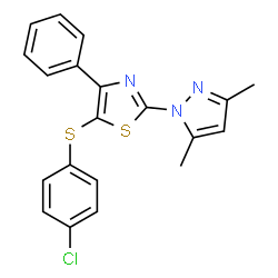 ChemSpider 2D Image | 5-[(4-Chlorophenyl)sulfanyl]-2-(3,5-dimethyl-1H-pyrazol-1-yl)-4-phenyl-1,3-thiazole | C20H16ClN3S2