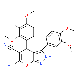 ChemSpider 2D Image | 6-Amino-3-(3,4-dimethoxyphenyl)-4-(2,3,4-trimethoxyphenyl)-2,4-dihydropyrano[2,3-c]pyrazole-5-carbonitrile | C24H24N4O6