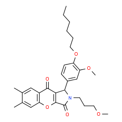 ChemSpider 2D Image | 1-[4-(Hexyloxy)-3-methoxyphenyl]-2-(3-methoxypropyl)-6,7-dimethyl-1,2-dihydrochromeno[2,3-c]pyrrole-3,9-dione | C30H37NO6