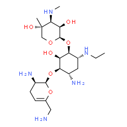 ChemSpider 2D Image | (1S,2R,3R,4S,6R)-4-Amino-3-{[(2S,3R)-3-amino-6-(aminomethyl)-3,4-dihydro-2H-pyran-2-yl]oxy}-6-(ethylamino)-2-hydroxycyclohexyl 3-deoxy-4-C-methyl-3-(methylamino)-beta-L-lyxopyranoside | C21H41N5O7