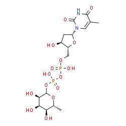ChemSpider 2D Image | [(2R,3S,5R)-3-Hydroxy-5-(5-methyl-2,4-dioxo-3,4-dihydro-1(2H)-pyrimidinyl)tetrahydro-2-furanyl]methyl (3R,4R,5S,6R)-3,4,5-trihydroxy-6-methyltetrahydro-2H-pyran-2-yl dihydrogen diphosphate (non-prefer
red name) | C16H26N2O15P2