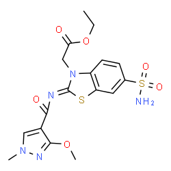 ChemSpider 2D Image | Ethyl [(2Z)-2-{[(3-methoxy-1-methyl-1H-pyrazol-4-yl)carbonyl]imino}-6-sulfamoyl-1,3-benzothiazol-3(2H)-yl]acetate | C17H19N5O6S2