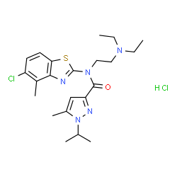ChemSpider 2D Image | N-(5-Chloro-4-methyl-1,3-benzothiazol-2-yl)-N-[2-(diethylamino)ethyl]-1-isopropyl-5-methyl-1H-pyrazole-3-carboxamide hydrochloride (1:1) | C22H31Cl2N5OS
