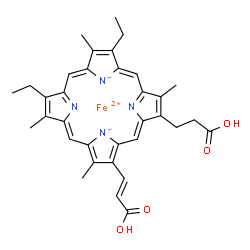 ChemSpider 2D Image | Iron(2+) 7-(2-carboxyethyl)-3-[(E)-2-carboxyvinyl]-12,17-diethyl-2,8,13,18-tetramethylporphine-21,23-diide | C34H34FeN4O4