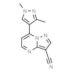 ChemSpider 2D Image | 7-(1,3-dimethylpyrazol-4-yl)pyrazolo[1,5-a]pyrimidine-3-carbonitrile | C12H10N6