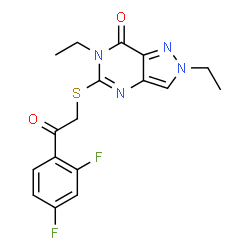 ChemSpider 2D Image | 5-{[2-(2,4-Difluorophenyl)-2-oxoethyl]sulfanyl}-2,6-diethyl-2,6-dihydro-7H-pyrazolo[4,3-d]pyrimidin-7-one | C17H16F2N4O2S
