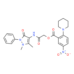 ChemSpider 2D Image | 2-[(1,5-Dimethyl-3-oxo-2-phenyl-2,3-dihydro-1H-pyrazol-4-yl)amino]-2-oxoethyl 5-nitro-2-(1-piperidinyl)benzoate | C25H27N5O6
