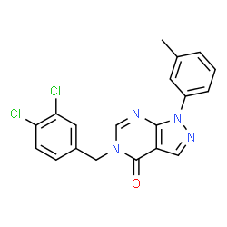 ChemSpider 2D Image | 5-(3,4-Dichlorobenzyl)-1-(3-methylphenyl)-1,5-dihydro-4H-pyrazolo[3,4-d]pyrimidin-4-one | C19H14Cl2N4O