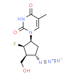 ChemSpider 2D Image | 1-[(1S,2R,3S,4S)-4-Azido-2-fluoro-3-(hydroxymethyl)cyclopentyl]-5-methyl-2,4(1H,3H)-pyrimidinedione | C11H14FN5O3