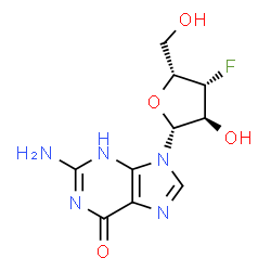 ChemSpider 2D Image | 2-Amino-9-(3-deoxy-3-fluoro-beta-D-xylofuranosyl)-3,9-dihydro-6H-purin-6-one | C10H12FN5O4