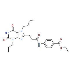 ChemSpider 2D Image | Ethyl 4-{[3-(7-butyl-2,6-dioxo-3-propyl-2,3,6,7-tetrahydro-1H-purin-8-yl)propanoyl]amino}benzoate | C24H31N5O5