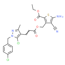 ChemSpider 2D Image | Ethyl 5-amino-3-[({3-[5-chloro-1-(4-chlorobenzyl)-3-methyl-1H-pyrazol-4-yl]acryloyl}oxy)methyl]-4-cyano-2-thiophenecarboxylate | C23H20Cl2N4O4S
