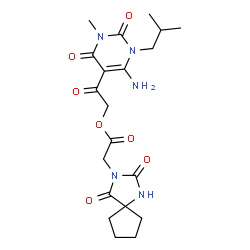 ChemSpider 2D Image | 2-(6-Amino-1-isobutyl-3-methyl-2,4-dioxo-1,2,3,4-tetrahydro-5-pyrimidinyl)-2-oxoethyl (2,4-dioxo-1,3-diazaspiro[4.4]non-3-yl)acetate | C20H27N5O7