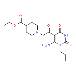 ChemSpider 2D Image | Ethyl 1-[2-(6-amino-2,4-dioxo-1-propyl-1,2,3,4-tetrahydro-5-pyrimidinyl)-2-oxoethyl]-4-piperidinecarboxylate | C17H26N4O5