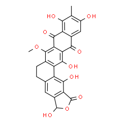 ChemSpider 2D Image | 3,9,11,14,15-Pentahydroxy-7-methoxy-10-methyl-5,6-dihydrobenzo[9,10]tetrapheno[2,3-c]furan-1,8,13(3H)-trione | C26H18O10